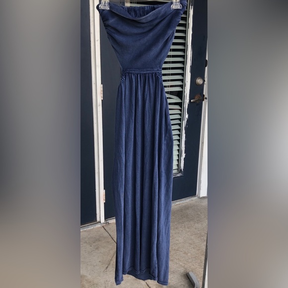 FREE PEOPLE Size Small Tangelica Maxi Vintage Strapless Cut out Solid Blue Slit - Picture 10 of 11